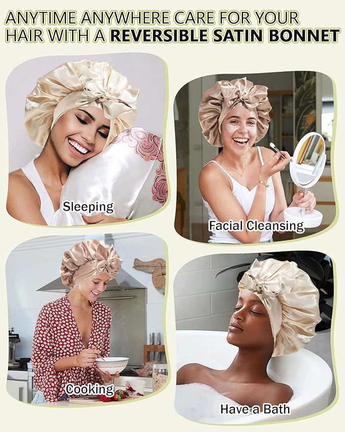 Satin Bonnet Silk Hair Wrap for Sleeping - Reversible Cap with Tie Band Night Cap Double Layer for Curly Hair (Coffee + Champagne)
