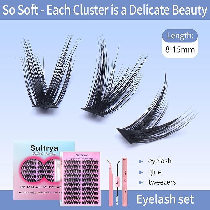 DIY Eyelash Extensions Kit False Eyelashes Lash Clusters Volume Lashes Thick Fluff Individual 140pcs Cluster Voluminous C Curl Wispy Fake Faux Mink for Dramatic Look Bond Seal Tweezer (8-15mm)