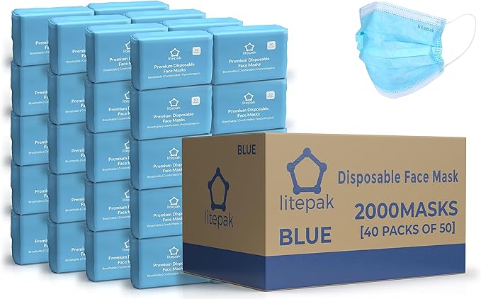 2,000pcs Disposable Face Masks- 3 Ply Breathable Mask For Adults - Blue (40 Packs of 50)