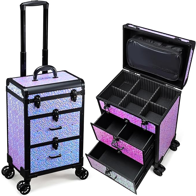 Adazzo Professional Rolling Makeup Train Case with Drawers, Large Cosmetic Trolley with Locks, Cosmetics Storage Organizer Make up Case for Travel Makeup/Nail Art/Hair Styling, Shiny Pink