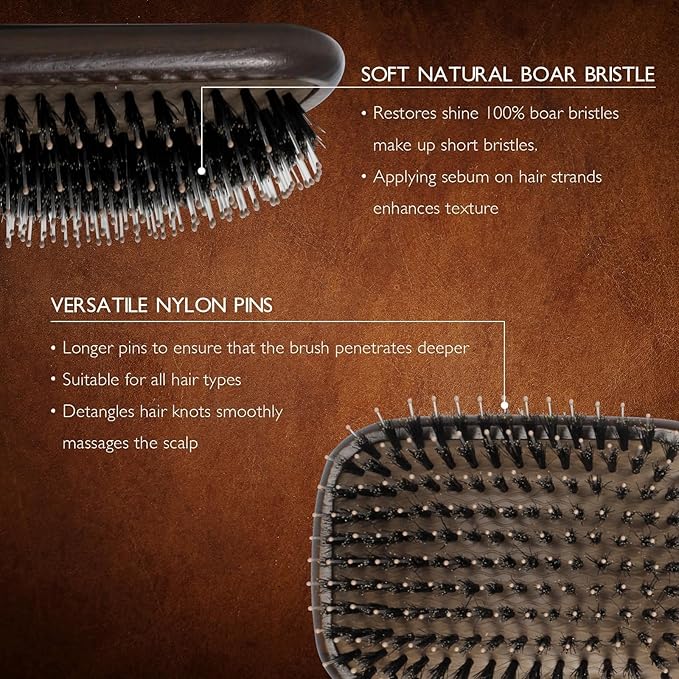 Boar Bristle Hair Brush Set, Soft Bristle Detangler for Long, Short, Thin, Curly, Straight, or Wavy, Hairbrush for Enhancing Shine, Great for Men, Women, and Kids