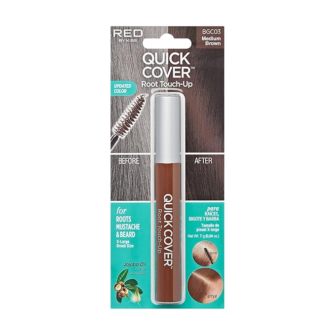 RED by KISS Quick Cover Root Touch Up Rescue (Medium Brown), Mascara Natural Water-Resistant Temporary Gray Concealer Cover Up Brush for Hair Mustache & Beard, Formulated with Jojoba Oil