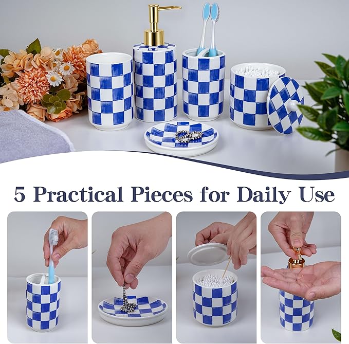 Ceramic Bathroom Soap Dispenser Set, Checkered Bathroom Vanity Set with Lotion Pump, Toothbrush Holder, Soap Dish & Storage Jar, Modern Bathroom Sink Accessories (Blue)