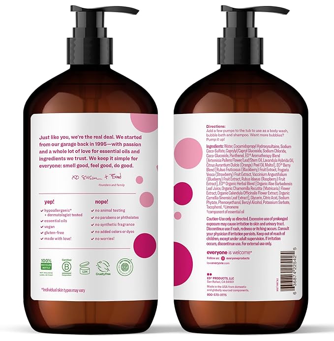 Everyone 3-in-1 Kids Soap, Body Wash, Bubble Bath, Shampoo, 32 Ounce (Pack of 2), Berry Blast, made with Essential Oils for Toddlers, tweens and teens