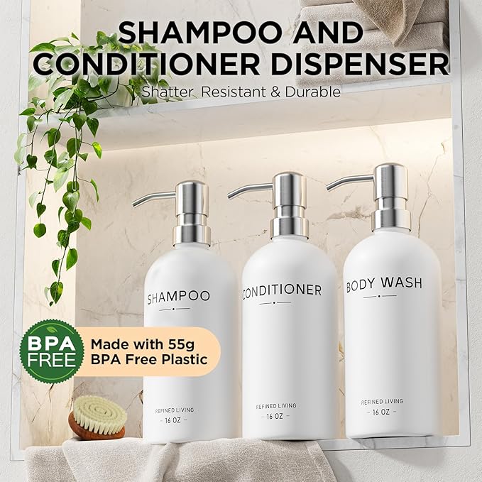 Shampoo and Conditioner Dispenser Set,3 Refillable 16oz Bottles with Stainless Steel Pumps – Shower Soap Dispensers for Bathroom, Hotel or Airbnb (Silver, 3-Pack)