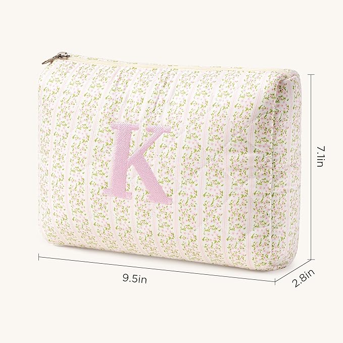 HBselect Initial Quilted Makeup Bag, Pink Cosmetic Travel Toiletry Bag, Flowers Coquette Zipper Make Up Pouch Organizer Teen Girl Gift Trendy Stuff K