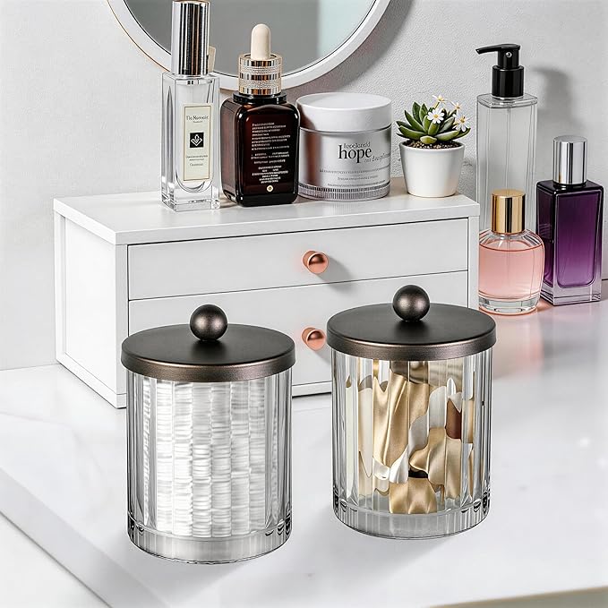 Amolliar Apothecary Jars Bathroom Vanity Storage Organizer Set, Countertop Canister with Stainless Steel Lid & Cute Stickers, Qtip Holder Dispenser for Cotton Swabs, Balls, Makeup Pads(Bronze, 2 Pack)