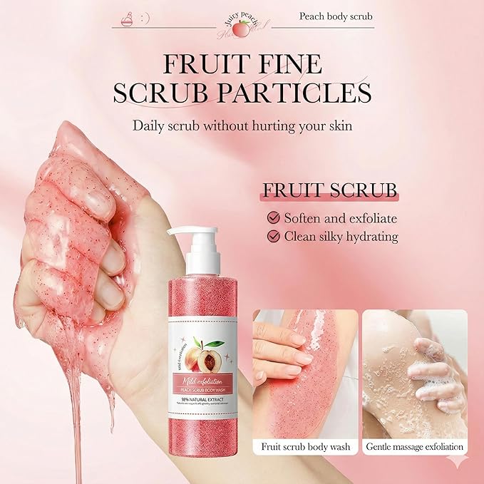 Peach Exfoliating Body Wash - [300ml] Hydrating Shower Gel with Natural Scrub - Sweet Peach Scented Body Polish for Soft Smooth Skin - Mild Daily Cleanser for Dryness