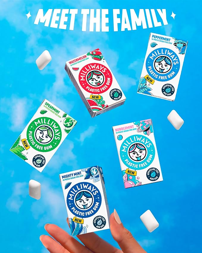 Milliways Spearmint Super Natural Gum - Plastic-Free Chewing Gum | Xylitol, Aspartame-Free, Sugar-Free, Plant-Based | 4 Packs of 10 Pieces (40 Pieces Total)