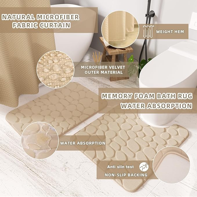 Bathroom Accessories Set - 25PC Bathroom Sets with Shower Curtain and Rugs, Beige Bathroom Accessories with Trash Can, Soap Dispenser, Soap Dish & Toilet Brush