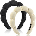 Skincare Headband, Set of 2 - Terry Cloth Face Wash Headband Combo Pack - Puffy Makeup Headbands for Face Washing, Mask (beige + black)