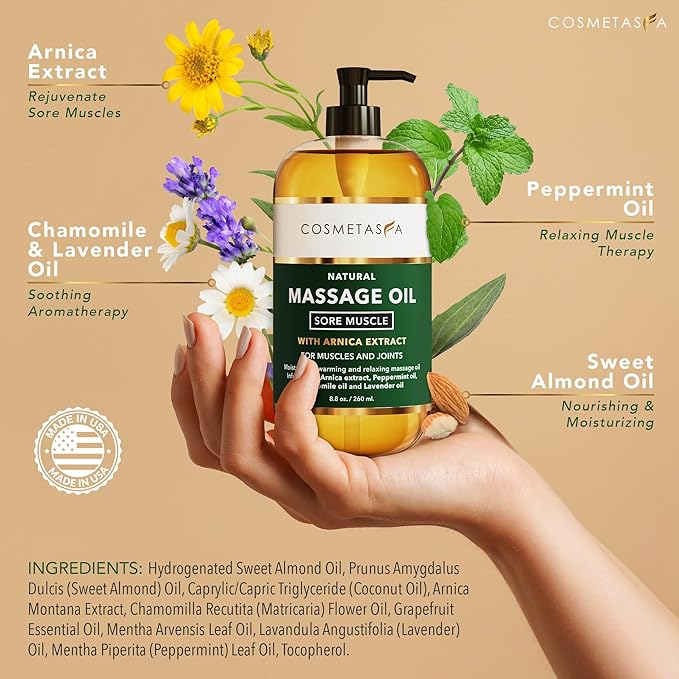 Cosmetasa Massage Oil Set - Arnica & Peppermint Sore Muscle Relief, Cellulite & Lavender Body Massage Oils - Gua Sha Therapy