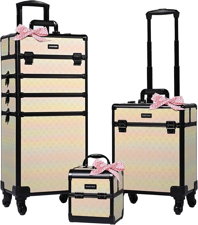 BYOOTIQUE Rolling Cosmetic Case 3-Piece Nail Tech Storage Cart on Wheels Hairdressing Brush Bags for Makeup Artist Salon Barbershop Hairstylist,Grace ForgetMeNot
