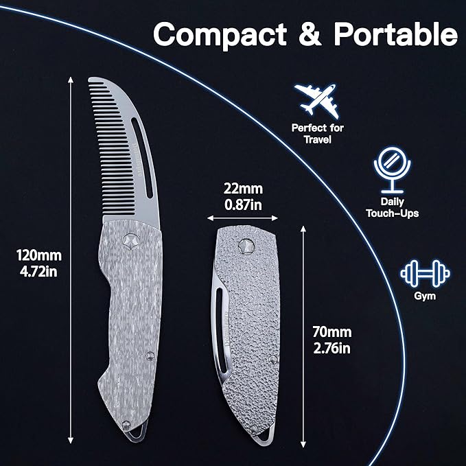 Small Folding Mustache Comb, Metal Beard Comb for men Pocket Mini Portable Fits In Keychain Anti-Static (Wood Grain)