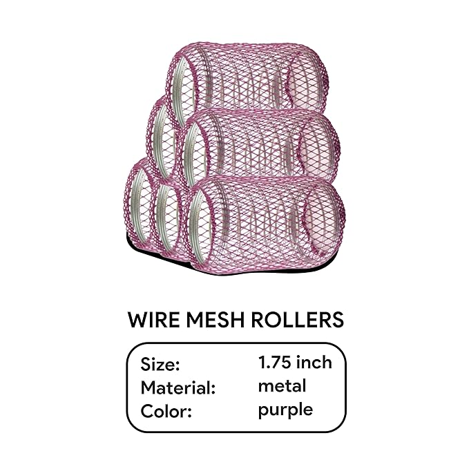 Annie Wire Mesh Rollers – Jumbo 1 3/4 Inch Hair Curlers for Maximum Volume & Body, Heatless Styling Tools for Long Hair – 6 Count (Purple)