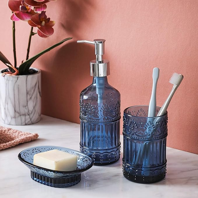 4-Piece Bathroom Accessories Set - Blue Glass Decor Set - WHOLE HOUSEWARES Soap Dispenser, Toothbrush Holder, Vanity Tray and Jar - Elegant Boho Bathroom Countertop Organizer