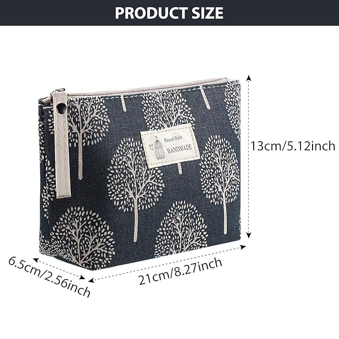 Boao 4 Pieces Canvas Makeup Bags Set Small Cosmetic Pouches for Purse with Zipper Multi Functional Toiletry Travel Case Organizer for Women Gift, 4 Styles(Small,Arrow, Plaid, Tree, Leave)