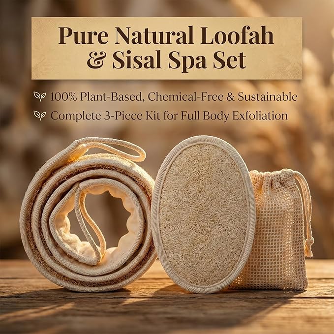 Natural Loofah Back Scrubber for Shower for Men and Women, Exfoliating Loofah Sponge with Soap Saver, 4-pcs