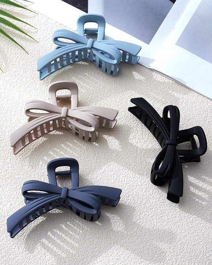 Mesovor 4 Pack Cute Bow Claw Clips, Nonslip 4.92" Large Matte Strong Hold Bows Hair Clips for Thin and Thick Hair | Chic Hairclips for Holidays or Everyday Hairstyle (Blue Matte)