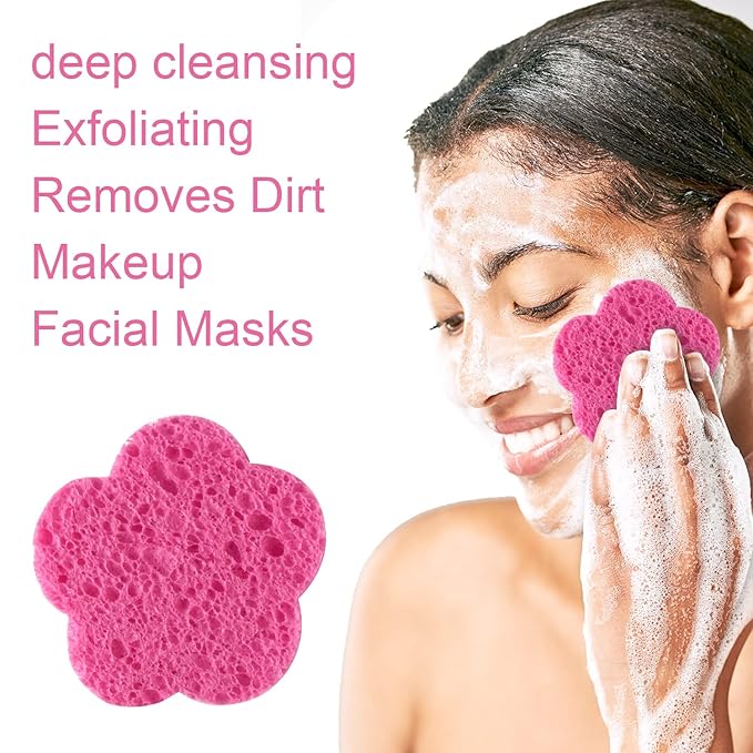 50-Count Facial Sponges Compressed Facial Sponges Natural Facial Cleansing Sponges Pads Cute Flower Shape Exfoliating Sponges for Cleansing Reusable,Best Makeup Gift, White+Pink
