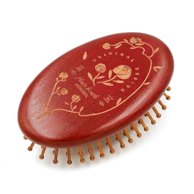 Natural Bamboo Brush for Hair Growth, Bamboo Scalp Massager, Detangling Brush for Women, Wood Hair Massager,Travel Size (Brown Rose)