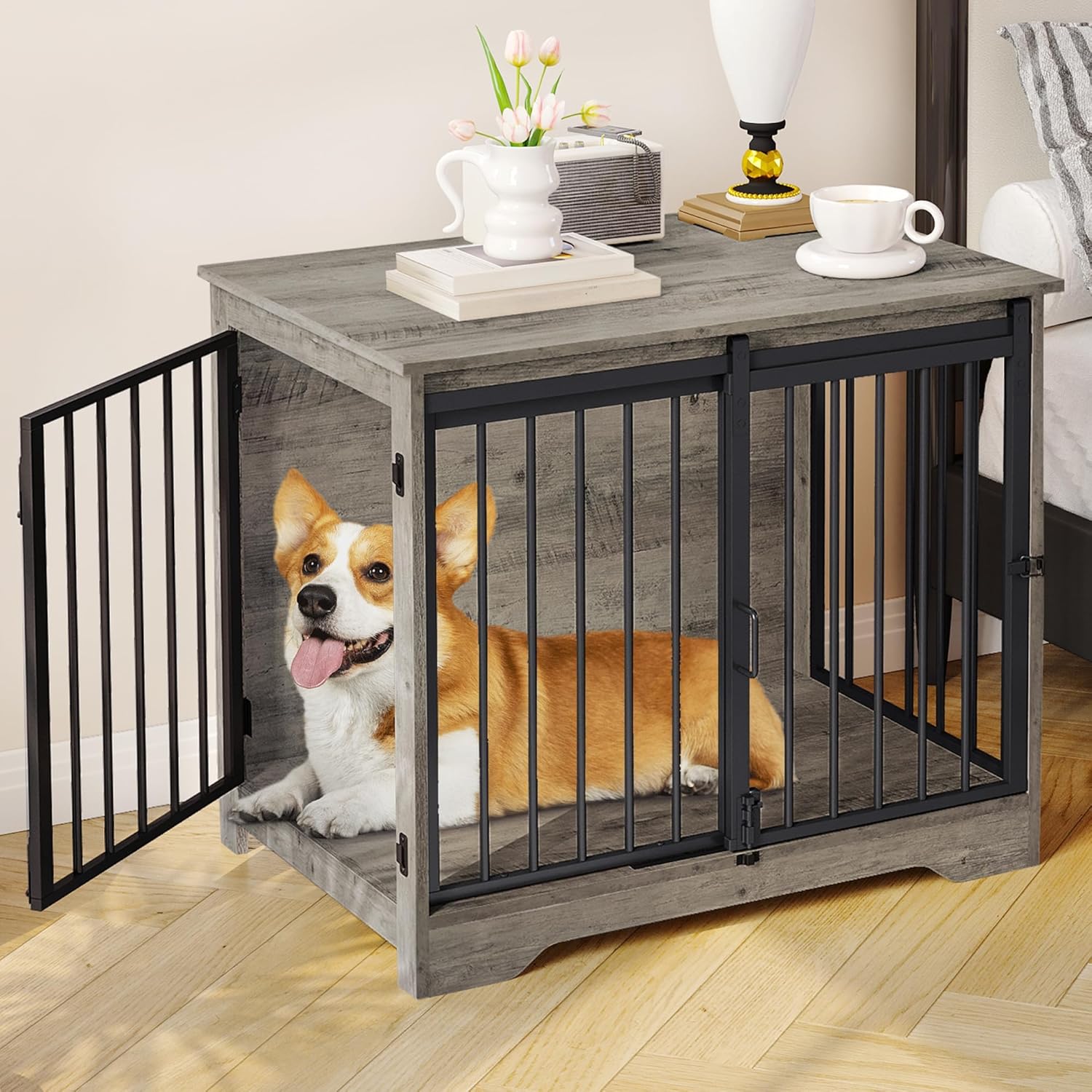 31.9" Dog Crate Furniture with Barn Door, Heavy Duty Dog Kennel Indoor with 2 Doors, Wooden Pet Cage End Table for Small Medium Dogs up to 44 lb, Anti-Chew Anti-Escape, Greige DFC83605B
