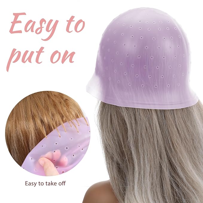 Punched Silicone Highlight Hair Cap with Needle, Professional Reusable Highlighting Poked Hole Caps with Hooks for Color Hair Salon Hairdressing Dyeing Staining Tools for Women Men