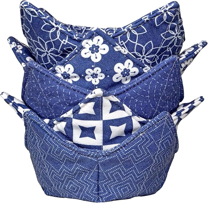 Cotton Microwavable Bowl Cozy, Microwave-Safe Hot Bowl Holders, Soup bowl Cozy Hot Pads (Blue Series)