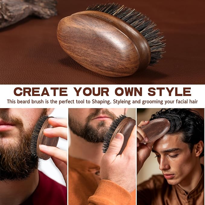 BRUSHZOO Beard Brush, Black Walnut Beard Brush for Men Facial Hair Styling, 100% Boar Bristle Brush for Soften Beard Reduce Beard-Itch