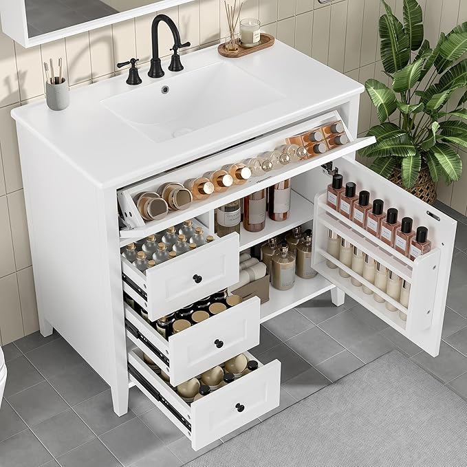 Harper & Bright Designs 36" Bathroom Vanity with Sink, Free Standing Vanity Set with 4 Drawers, Storage Racks, and Adjustable Shelf, Wood Bathroom Cabinet with Ceramic Basin for Bathroom, White