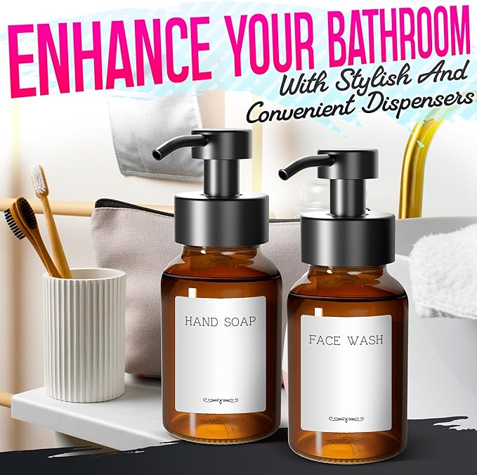 2Pcs Amber Glass Foaming Soap Dispenser - 8.5 oz Amber Glass Soap Dispenser with Pump, Compatible with Hand Soap, Dish Soap, Shampoo and Gel, Durable, Stylish & Refillable for Bathroom and Kitchen