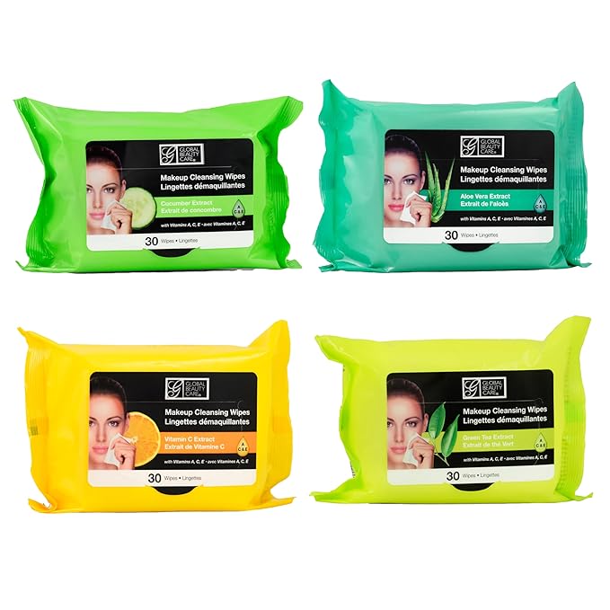 Global Beauty Care Assorted Makeup Remover Wipes Variety Pack - Green Tea, Aloe Vera, Vitamin C & Cucumber Extract Facial Cloths, Removes Waterproof Mascara Oil & Dirt, All Skin Types 120 Ct (4-Pack)
