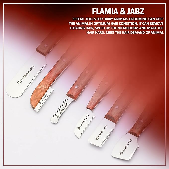 FLAMIA & JABZ FJ Professional Stripping Knife kit (6 pieces set) for Dogs & Pets, Wooden Handle Grip with Stainless Steel Blade (Right handed) (Orange)