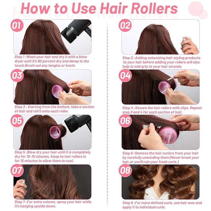 Big Self-Grip Hair Rollers with Stainless Steel Duckbill Clips for Long, Medium Hair and Volume