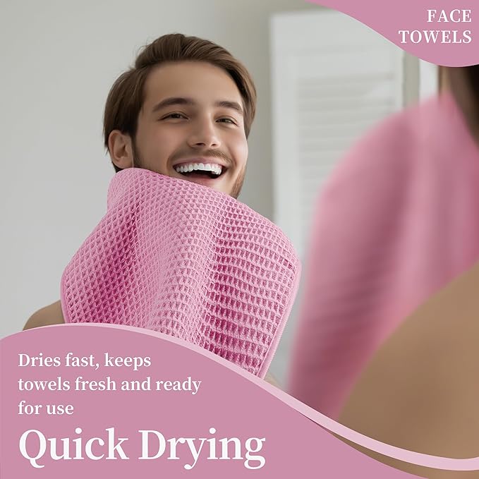 Microfiber Waffle Face Towels, 4 Pieces, Soft, Absorbent, Fast Drying, Lint Free 430 GSM (Pink)