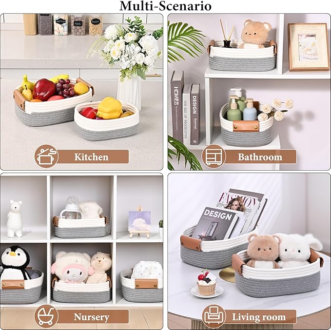 Storage Baskets for Organizing, Small Woven Basket Set of 6-4 Shelf Basket with Leather Handle and 2 Small Gift Baskets, Cotton Rope Basket for Shelves, Nursery, Dog Toy, Bathroom