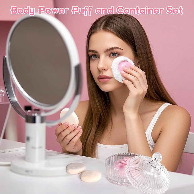 Extra Large Body Powder Puff and Container Set Crystal Powder Container with 3 Soft Velour Power Puffs for Women Baby Face Body Washable Reusable Wet Dry Makeup Valentine's Mother's Day Gifts