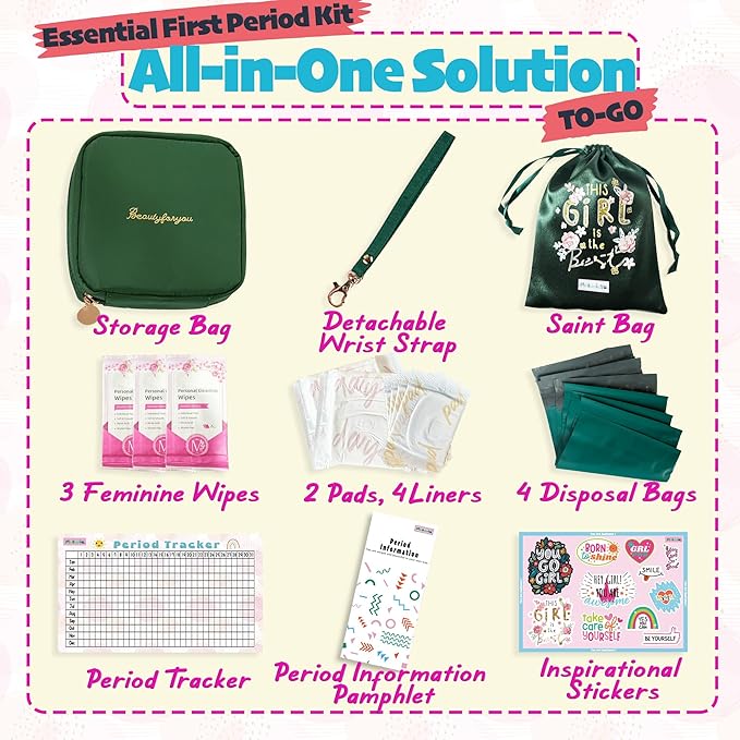 Essential Period Kit for Girls | First Period kit for Girls 10-12 | Period Bags for Teen Girls for School | First Period Gift with Sanitary Pad Storage Bag, Wipes, Period Tracker and More(Green)