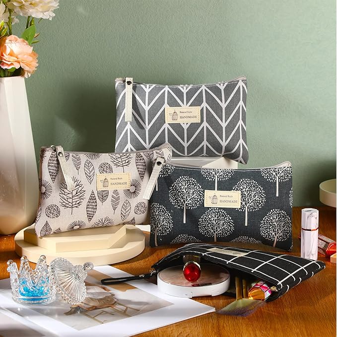 Boao 4 Pieces Canvas Makeup Bags Set Small Cosmetic Pouches for Purse with Zipper Multi Functional Toiletry Travel Case Organizer for Women Gift, 4 Styles(Big,Arrow, Plaid, Tree, Leave)