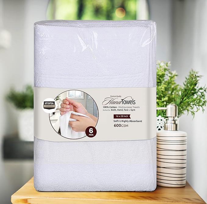 Utopia Towels 6 Pack Premium Hand Towels Set, 16 by 28 inches, 100% Ring Spun Cotton, Ultra Soft and Highly Absorbent 600GSM Towels for Bathroom, Gym, Shower, Hotel, and Spa, White