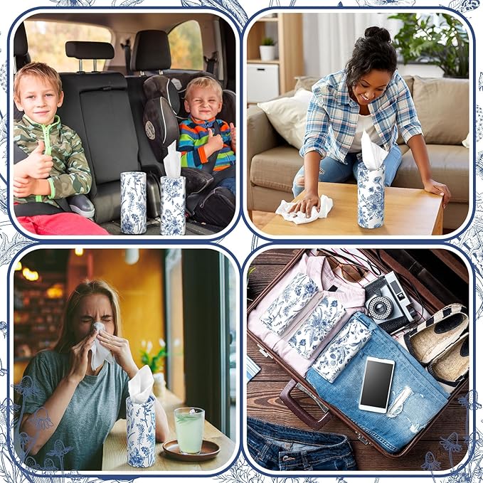 Zonon 8 Pcs Vintage Floral Round Tissues Box Car Holder with Facial Tissue Bulk Blue Flower Travel Tubes for Car with 50 Sheets Christmas Cylinder Face Towel Fit for Cup Holder Round Container