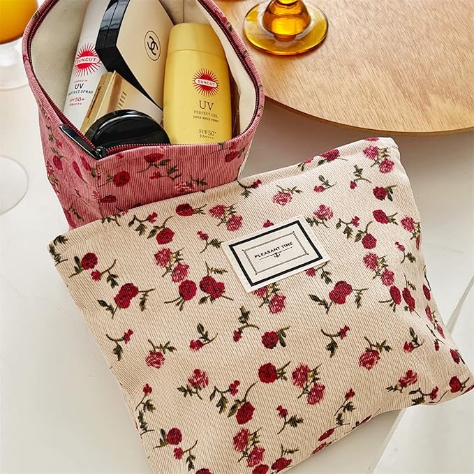SxoSyo Cosmetic Bags for Women Makeup Bag Large Capacity Purse Travel Toiletry Zipper Storage Pouch Make up Brushes Organizer for Gifts (Beige, Rose)