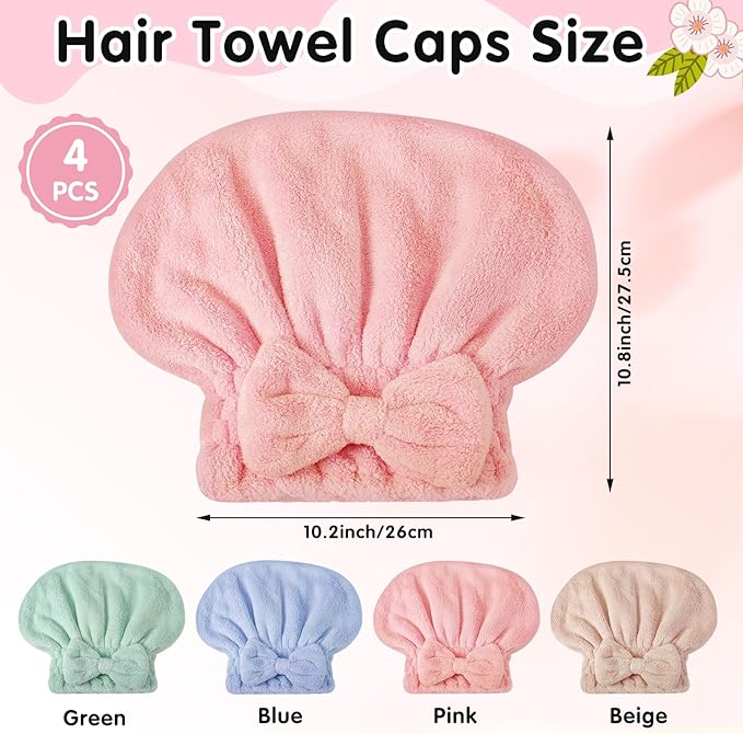 4 Pack Microfiber Hair Towel Cap,Super Absorbent Hair Towel Wrap Drying Hair Cap,Soft Microfiber Hair Drying Towel Cap with Bow-Knot,Anti Frizz Hair Turban Wrap for Curly Long Wet Hair