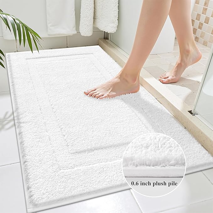 SHACOS White Bathroom Rugs Sets 2 Piece 32x20 + 47x20 inch, Non Slip Bath Mat Microfiber Washable Bathroom Rugs, Soft Fluffy Water Absorbent Bath Mat Set of 2