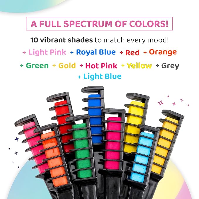 Blue Squid Hair Chalk Comb - 10 Vibrant Temporary Hair Colors for Girls & Teens, Washable Hair Dye, Perfect for Parties, Cosplay, Halloween, Paraben Free, Suitable for All Hair Colors