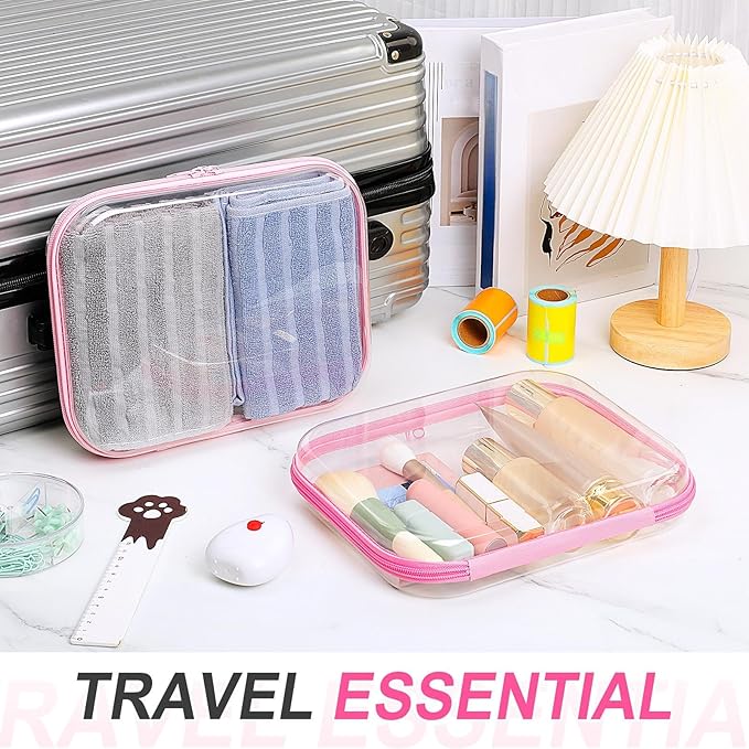 Hoolerry 4 Pcs Hard Clear Zipper Case Makeup Bags Plastic Zipper Pouch Transparent Storage Box Containers for Cosmetics, Snacks, Building Blocks, Puzzles(Clear,9.8 x 7.9 x 2 in,Pink)