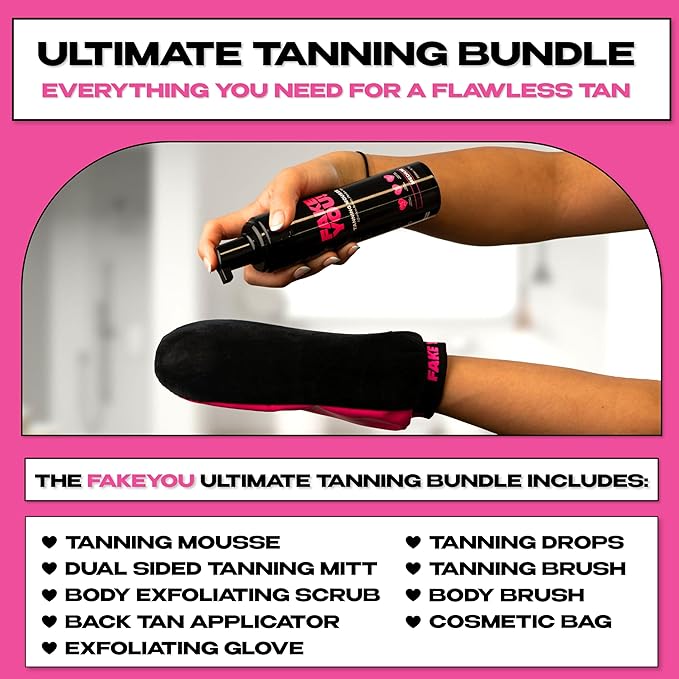Fake You! All-in-One Ultimate Tanning Kit Bundle – Includes Tanning Mousse, Tanning Drops, Back Applicator, Exfoliating Mitt, and Fake Tan Gloves – Perfect for Seamless Self-Tanning