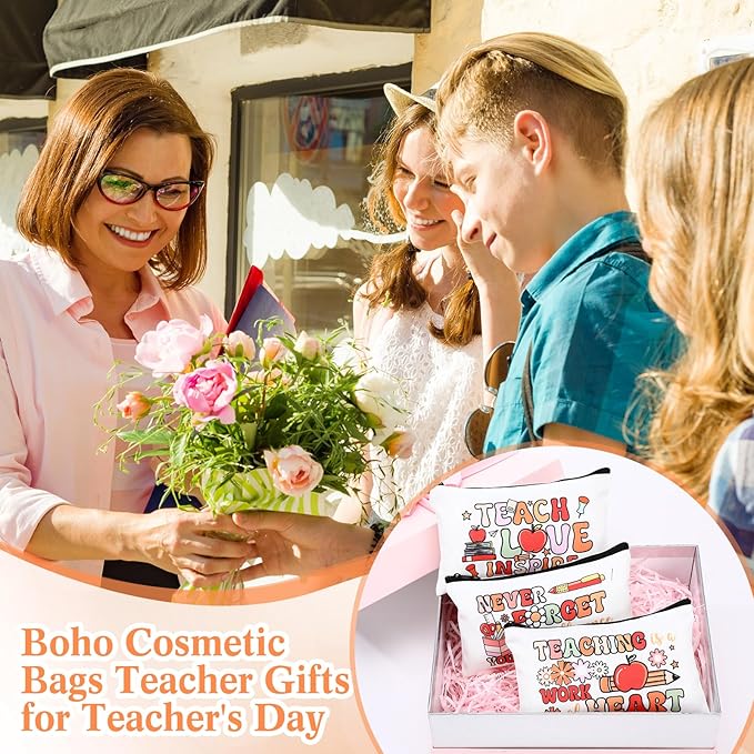 Yahenda 16 Pcs Canvas Makeup Bags Bulk for Women Inspirational Cosmetic Zipper Pencil Pouch Travel Toiletry Bag for Birthday Mother's Day Nurse Gifts(Boho Teacher)