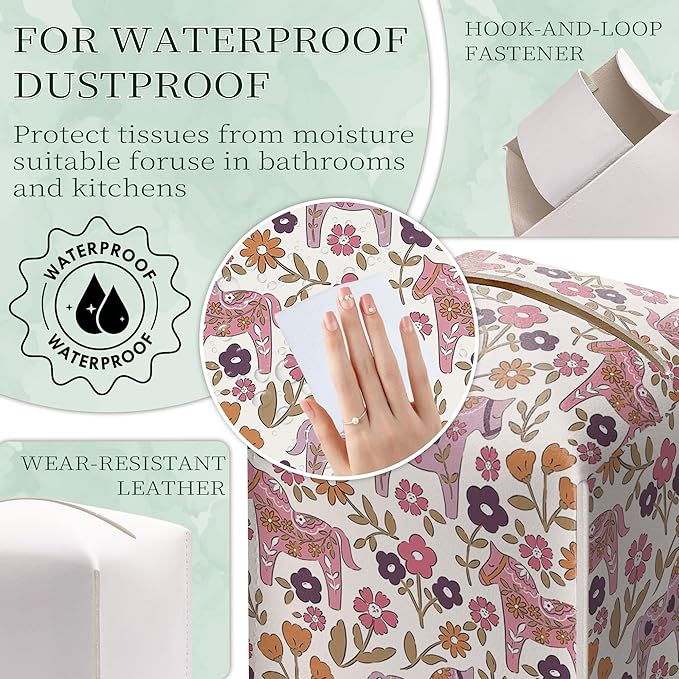 Vintage Floral Horse Tissue Box Cover, Square PU Leather Tissue Holder, Rustic Boho Religious Decor for Bedroom, Bathroom & Living Room, Unique Farmhouse Tissue Box Cover for Home Decor