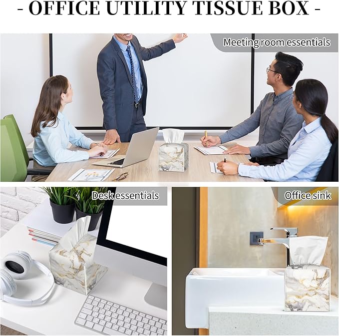 White Gold Marble Tissue Box Cover Square, Modern Abstract Marble Texture Tissue Box Holder Waterproof Leather Facial Paper Organizer Dispenser for Bathroom Home Car Nightstand Vanity Desk